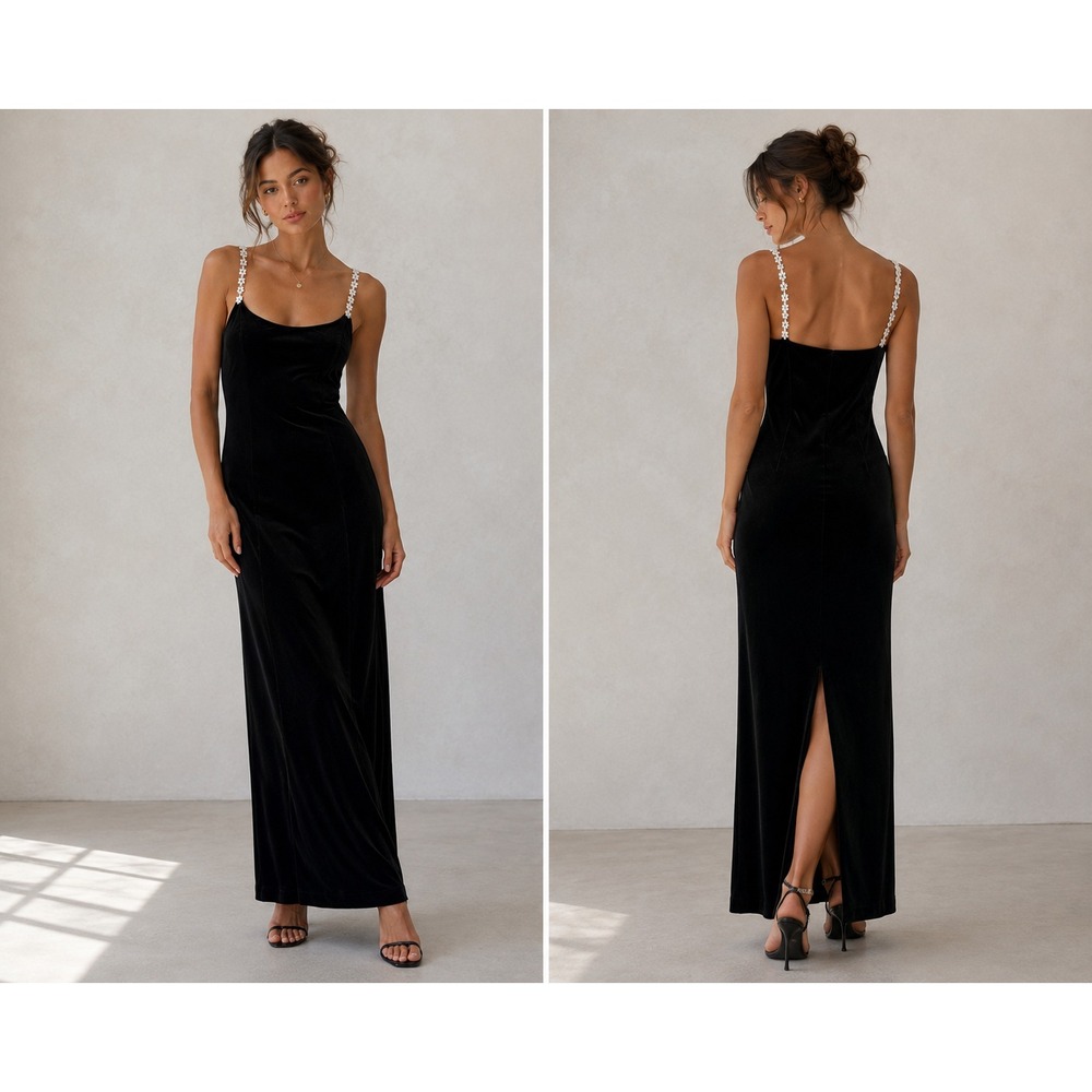 CeLavie Black Velvet Evening Gown | Pearl Floral Strap Maxi Dress | NWT | Size S